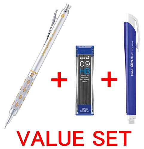 Pentel Graph Gear 1000 Automatic Drafting Pencil, 0.9mm Lead Size, Brushed Metal Barrel/PG 1019/ + Pentel Ain Clic Retractable Pen-type Triangle Eraser + Strength & Deep & Smooth Uni 0.9mm HB Top quality Diamond Infused Leads [Nano Dia-36 Leads] for Professional Value Set