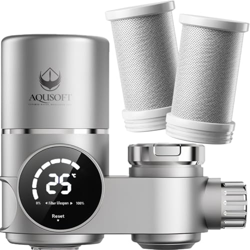 Advanced Faucet Water Filter with LED Indicator & 2-Pack Carbon Fiber Replacement Cartridges – BPA-Free, Leak-Proof, 3 to 6 Month Filtration, Easy Tool-Free Installation