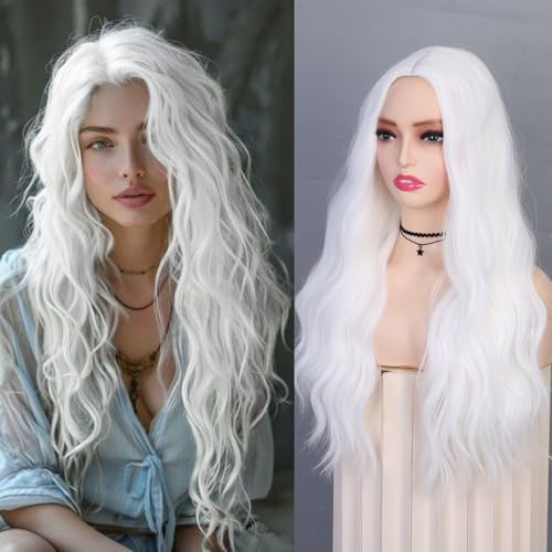 Lady Miranda White Wig 24 Inch Curly Wavy White Wigs For Women Synthetic Hair Middle Part Long White Wig Heat Resistant Fiber Synthetic Wigs White Cosplay Wig Long Wigs For Women 1-White