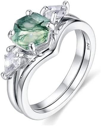 Moss Agate Engagement Ring Set, Hexagon Cut Green Stone Ring, 925 Sterling Silver Bridal Jewelry, Vintage Three Stone Wedding Ring, Antique Silver Anniversary Jewelry for Women