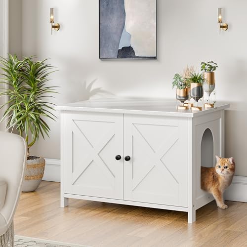 Shintenchi Cat Litter Box Enclosure, Litter Box Furniture Cabinet Hidden with Removable Divider, Wooden Cat House with End Table, White, 26.5 inch by Shintenchi - Image 6