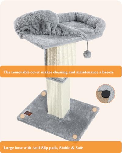 Karolpar 32" Cat Scratching Post for Indoor Cats, Sisal Cat Scratcher with Plush Perch, Large Scratch Post with Bed, Removable Cover, Sisal Fabric,Light Grey - Image 5