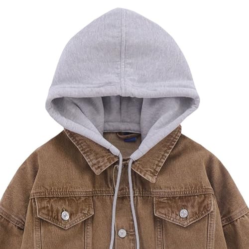 DGKaxiyaHM Men's Distressed Vintage Windproof Denim Jacket Hooded Button Down Jean Coat Outdoor Outerwear With Pockets (Medium,Brown)3