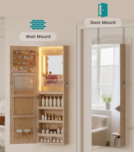 Image of Vlsrka LED Mirror Jewelry Cabinet, Over Door /Wall Mounted Jewelry Organizer