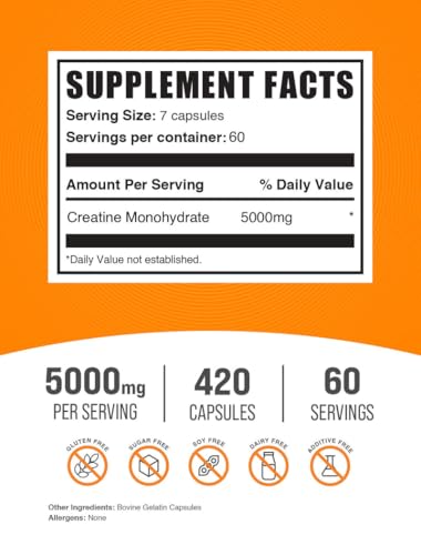 BulkSupplements.com Creatine Monohydrate Capsules - Micronized Creatine Pills - Gluten Free, 7 Capsules per Serving (5000mg), 420 Count (Pack of 1) - Image 2