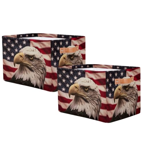 Image of Retro American Flag Storage Baskets for Organizing, Fabric Collapsible Storage Bins Box Bald Eagle Decorative Toy Organizer Baskets for Closet Shelves Gift Basket 2Pcs