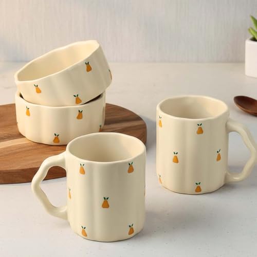 Image of The Earth Store Cream Pear 250ML Ceramic Bowl Set of 2 & 300ML Coffee Mug Set of 2 | Microwave & Dishwasher Safe Mug and Bowl Combo Set for Serving Tea Snack | Perfect for Gifting & Daily Use