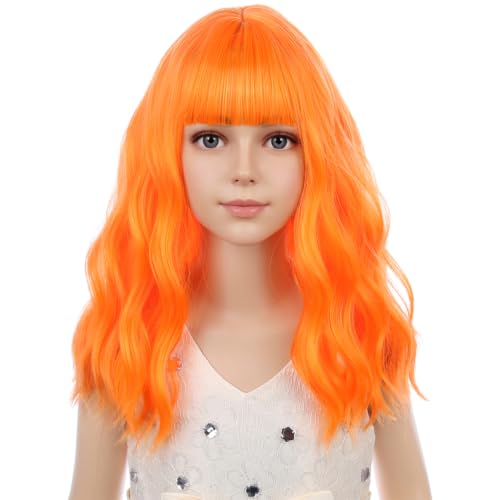 Image of PATTNIUM Kids Bright Orange Wig with Bangs Girls Short Curly Wavy Orange Bob Wigs Synthetic Wigs for Children Cosplay Costume Party