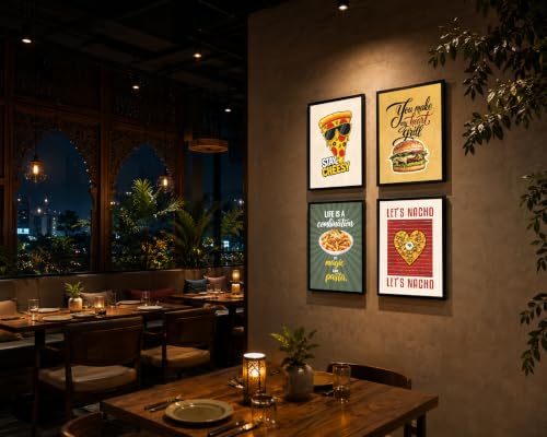 Image of Chaka Chaundh - Restaurant wall decoration items - Cafe quotes wall frames - Pizza walls frame - Pasta wall frame poster, Nacho wall frame, Burger wall frame art. - Food frame poster wall art. ( 14X11 inch. Set OF 4 )