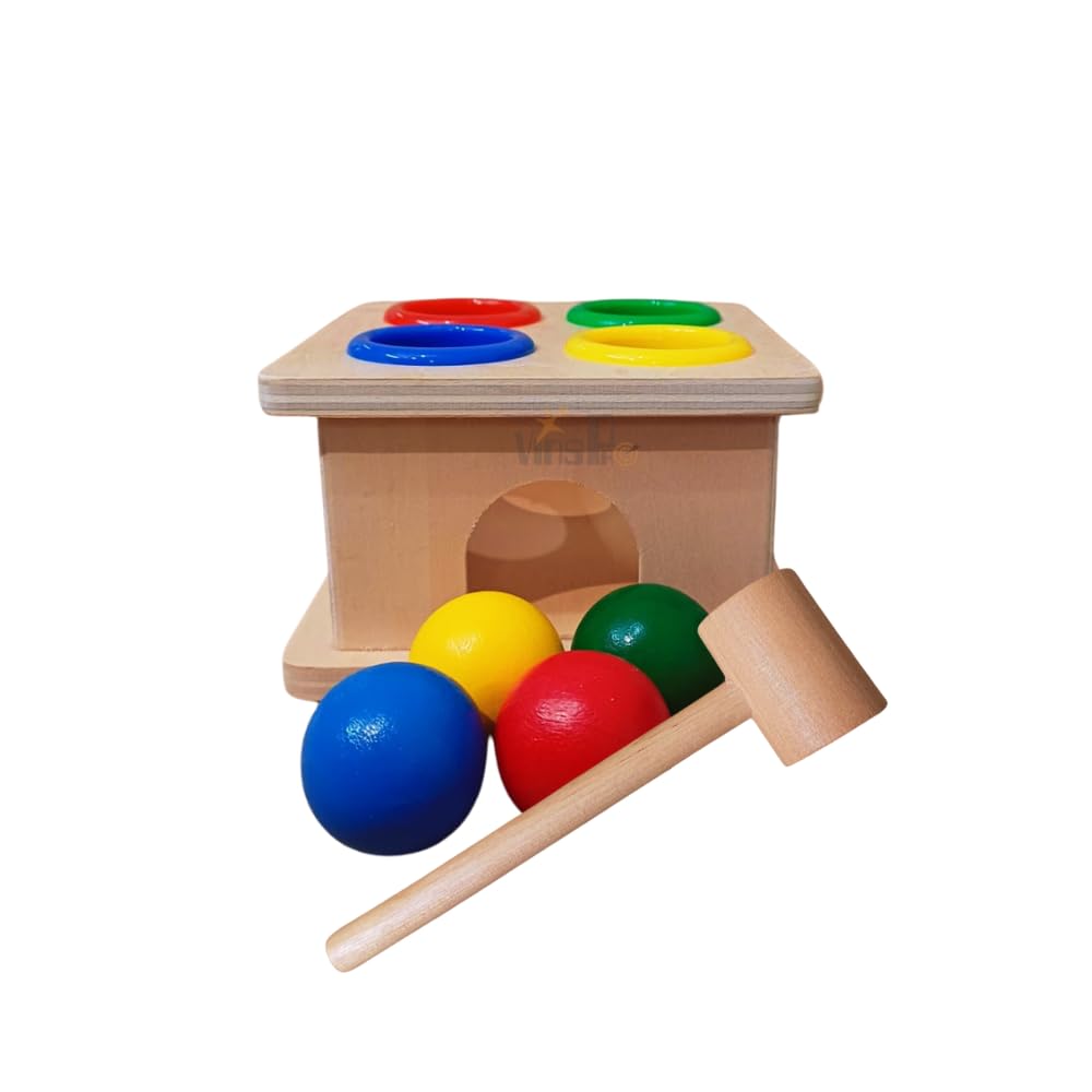 VinsPro® - Wooden Hammer Ball Knock Pounding Bench with Box Case Fine Motor and Dexterity Skills Early Educational Toy Set for Kids 3+ Years (Hammer Ball) 4