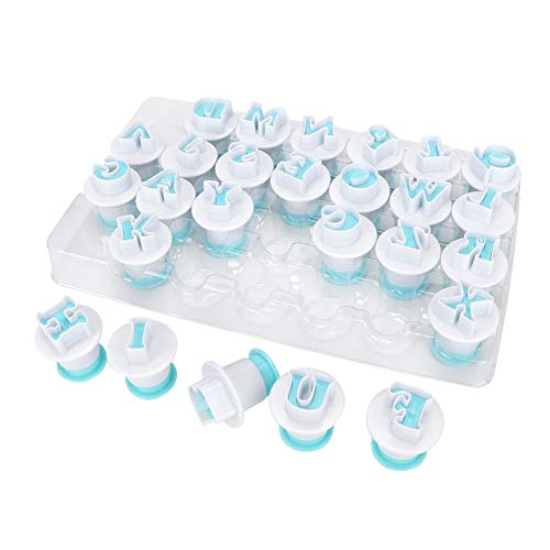 Cortadores de letras de fondant, 26pcs cortadores de galletas de alfabeto letra de estampilla para fondant pastel de fondant molde de alfabetización de letras herramienta de pastel