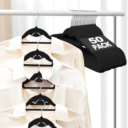 UEAKPIC Velvet Felt Stackable Hangers 50 Pack, Non Slip, with 360° Swivel Hook, Ultra Thin and Space Saving for Suits, Shirts, Coats, 15Lbs Capacity Heavy Duty, Black