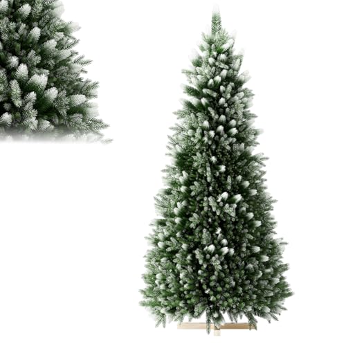 LILIIN Albero di Natale artificiale di alta qualità, 180 cm, con rivestimento in neve artificiale su punte, verde PVC + PE, albero di Natale con sistema pieghevole, supporto in legno, senza luci