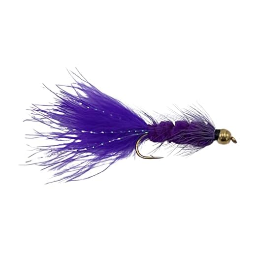 Bugger de lã com cabeça de miçangas muitas cores com moscas de pesca com flash para truta e outros peixes de água doce – uma dúzia de moscas molhadas – 4 tamanhos sortidos 6, 8, 10, 12 (3 de cada tamanho), Roxa, 6, 8, 10, 12