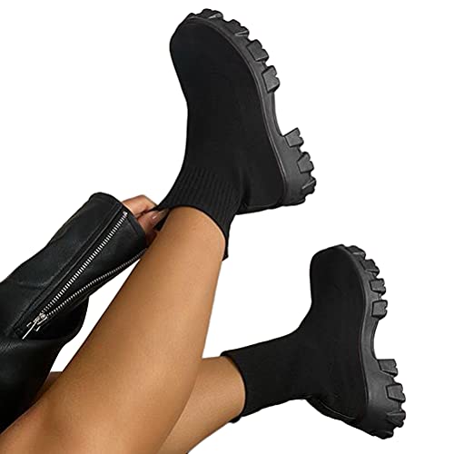 ORANDESIGNE Damen Gestrickte Kurze Stiefel Mode Plateau Einfarbig...