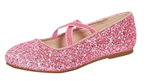 Flickor glitter balettskor barn platt elastisk rem ballerina festskor bröllop brudtärna skor, Rosa, 33 EU