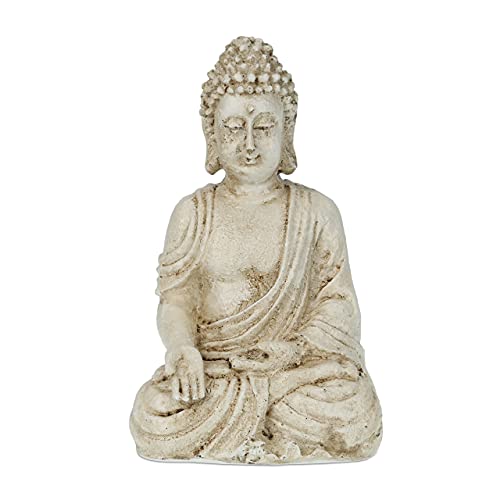 Relaxdays Buddha Figur sitzend, wetterfest, frostsicher, Gartenstatue, Zen Dekofigur HBT: 17,5 x 10,5 x 7,5cm, cremeweiß