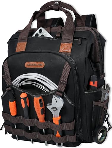 WELKINLAND 88-Pockets Waxed- Canvas HAVC Tool Backpack,Heavy-Duty electrician tools backpack,Open-Top technician tool bag backpackTool backpack for construction, Black/Brown/Olive, Modern