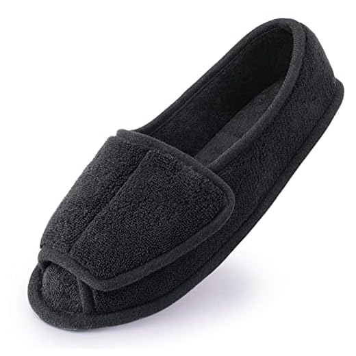 Git-up Women Diabetic Slippers/W Arthritis Edema Adjustable Closure Memory Foam House Shoes Open Toe 10#,Black