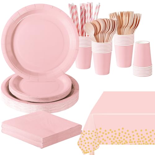 PYAILI 169 peças rosa Morandi louça festa aniversário, pratos e copo de aniversário infantil, conjunto de festa decoração pratos guardanapos para o Natal, churrascos, festas - 24 convidados