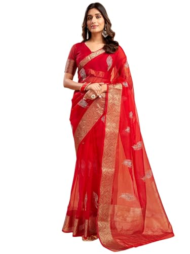 Image of Satrani Women's Organza Sequins Embroidery Jacquard Saree with Unstitched Blouse Piece