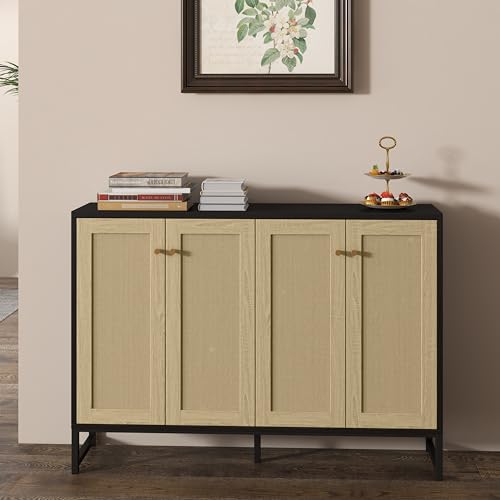 Panana FRSB61ACC Sideboard Accent Storage Cabinet With Rattan Decorated 4 Doors Dining Room Freestanding Kitchen Buffet Table Cupboard thumb #1