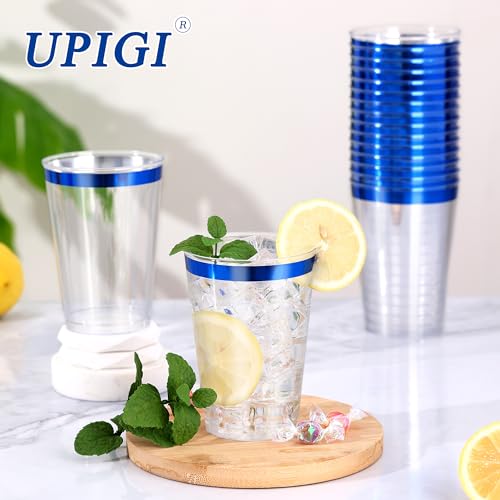 Image of 120 Pcs Blue Plastic Cups,12oz Blue Rimmed Plastic Cups,Heavy Duty Disposable Plastiic Wine Glasses Cocktail Glasses Premium Cup with Blue Rim for Party,Wedding,Christmas