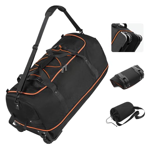 Vomgomfom Wheeled Collapsible Duffel Bag,110L-140L Expandable Checked Luggage, No-Telescopic-Handle with Anti-Burst Zipper & Reinforced Frame,Black-orange