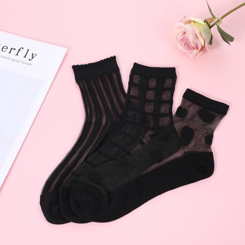 Image of Telooco 3 Pairs Women Sheer Socks Nylon Ankle Socks Black See Through Socks Dots Stripes Geometric Breathable Thin Stockings Transparent Tulle Socks for Women
