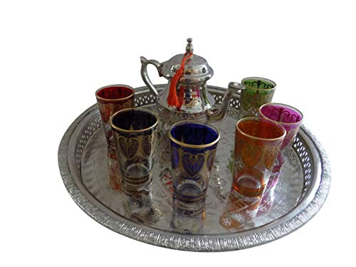 Moroccan Tea Serving Set Antique Teapot & Tea Artisan Glasses Silver Tray