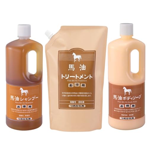 アズマ商事の 馬油シャンプー トリートメント ボディソープ 詰め替え セット 各1000ml旅美人 入浴剤付き
