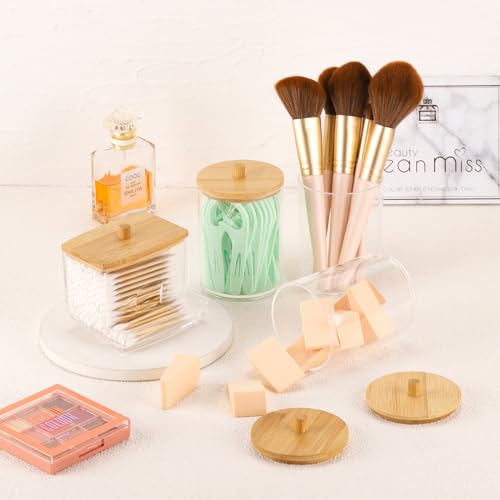 Image of Tbestmax 4 Pack Qtip Holder Bathroom Container, 10 /7oz Cotton Ball /Swabs Dispenser, Apothecary Jar with Bamboo Lids for Organizer and Storage (Beige)