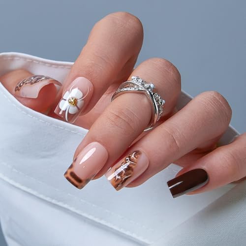 CurvLife Medium Press On Nails Square – 30Pcs Mocha Silk Dream So...