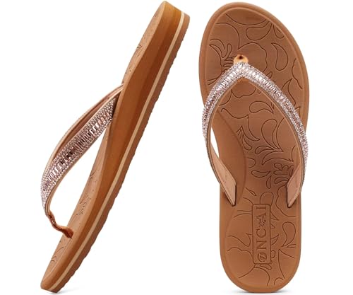 ONCAI Women's Flip Flops with Rhinestone, Arch Support Yoga Mat Comfort Walking Thong Sandal Summer Beach Outdoor Dressy Sandals for Women 2026 Walking Ladies Sandal Rubber Sole Khaki Size 9