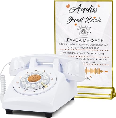 FiayaCom Audio Guest Book Wedding Phone 32GB Memory Customized Audio Messages Volume Adjustable with Message Replay Feature Suitable for All Kinds of Party(White+Golden Sign)