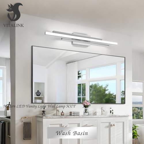 Image of VitaLink 35 Inches Nickel LED Modern Bathroom Vanity Light Fixtures 25W Dimmable 5CCT Vanity Light Bar Over Mirror 3-Light Wall Light for Bathroom Over Mirror Picture Light