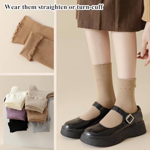 Mcool Mary Womens Crew Socks Ruffle Casual Cotton Frilly Breathable Cute Knit Lettuce Turn-Cuff Trim Ankle Socks 6 Pack2