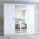 A&J MöbelLand Oslo Kleiderschrank 4 türig mit 3 Schubladen – 200 x 215 cm – Drehtürenschrank mit Kleiderstange und Einlegeböden, Modernes Design mit Metallgriffen