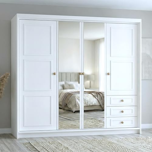A&J MöbelLand Oslo Kleiderschrank 4-türig mit 3 Schubladen – 200 x 215 cm – Drehtürenschrank mit Kleiderstange und Einlegeböden, Modernes Design mit Metallgriffen
