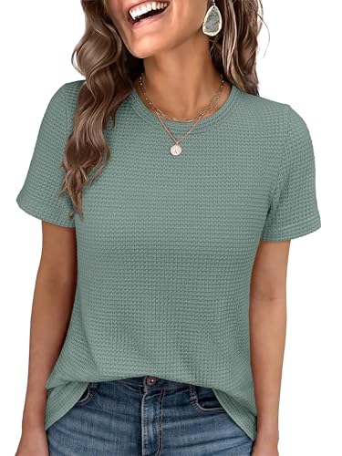 ANRABESS Womens Summer Waffle Knit Tops Light Green M