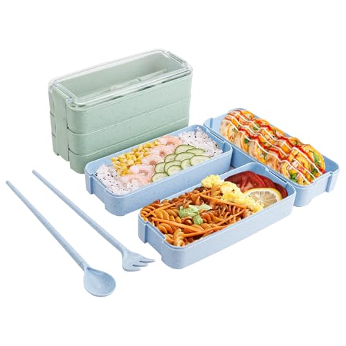 DUYJEP Fiambrera con 3 Compartimentos, Bento Lunch Box con Cuchara, Tenedor y Palillos, Reutilizable Loncheras para Niños, Lunch Box a Prueba de Fugas para Microondas para Niños y Adultos(Verde, Azul)