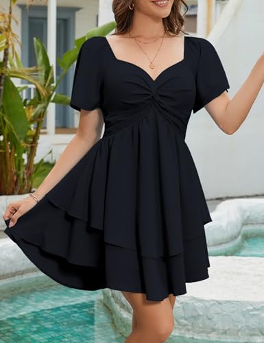 Florboom Women's Sweetheart Knot Front Dress Smocked Back Short Sleeve Layered Boho Chiffon Mini Dresses3