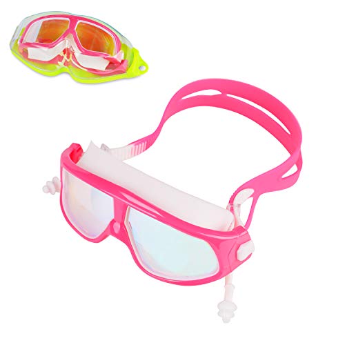 RONHAN Unisex Swim Goggles for Kids, Anti-Fog Indoor Outdoor Big Frame Swimming Goggles with Coated Colour Lens UV Protection for Children Boys Girls Include Ear Plugs & Nose Clip Pink