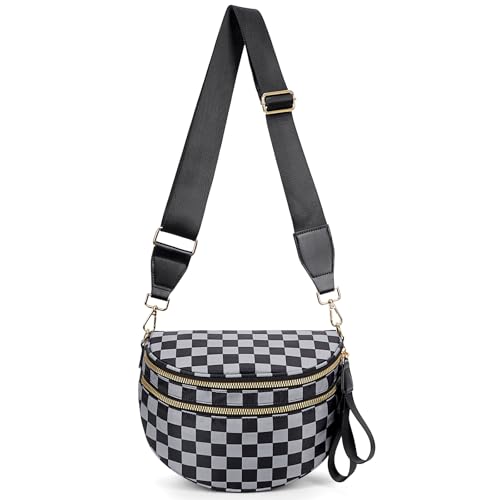 Image of hibear Checkered Crossbody Bag Spacious Bum Bags for Women Nylon Crossbody Fanny Packs Checkered Purse Belt Wallet