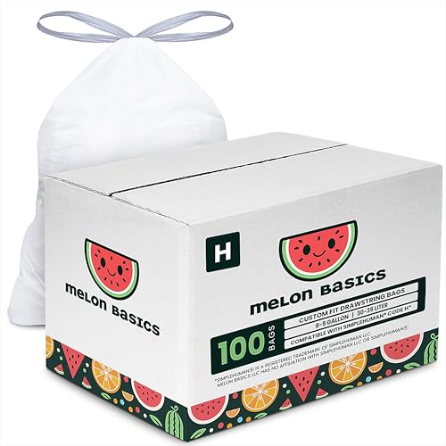 Melon Basics Bags for Code H simplehuman Garbage Cans | Extra Thick Trash Liner with 30-35 Liter Capacity and Folded Drawstring |100 Unscented Bags