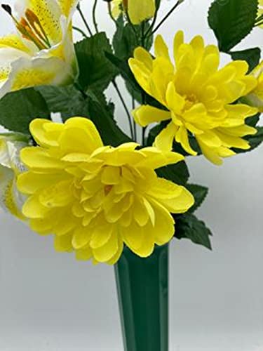 Diy Cemetery Silk Flower Bouquet Yellow Chrysanthemums White Lilies For Grave-Site Present In Remembrance Of Loved Ones Or Home Garden - #TOP3