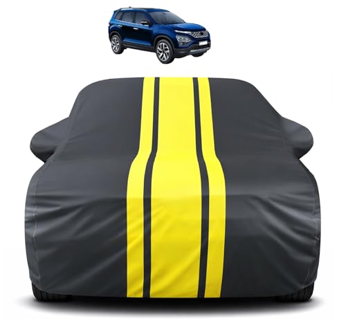 Image of Auto Hub Car Cover Compatible with Tata Safari (Model : 2021-Till Date) with Mirror Pocket, Soft Cotton Lining, Safari Car Cover Waterproof - Yellow-Black
