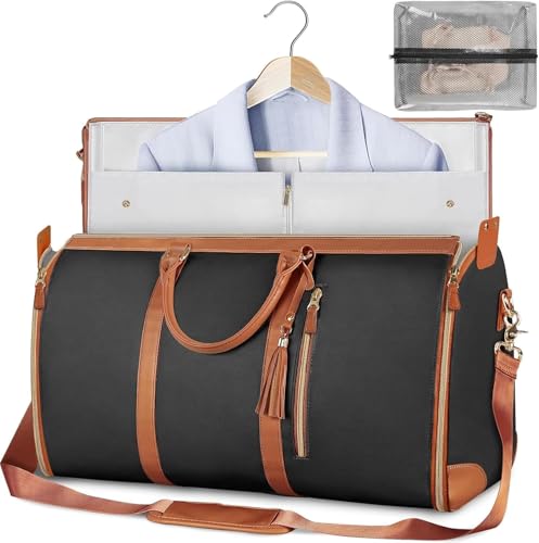 Image of Leather Garment for Garment Bags for Travel,Convertible Carry on Large Duffle Bags with Suit Compartment|Convertible Hanging Suitcase Suit Garment Bag for Men and Women|Shoe Pouch(Black)