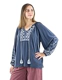  Coline - Blouse Femme brodée Style ehnique - Couleur : Marine - Taille : S/M