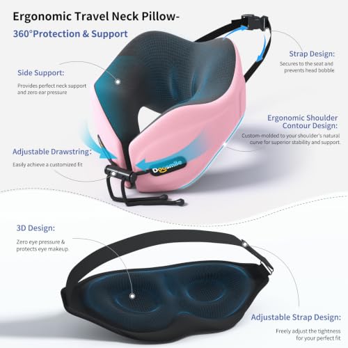 Image of Patented Head-Bobble-preventing Ergonomic Travel Neck Pillow Combo Pink